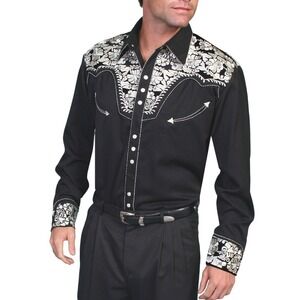SCULLY Western Cowboy White Silver Floral Embroidered Yoke Black Snap Shirt L